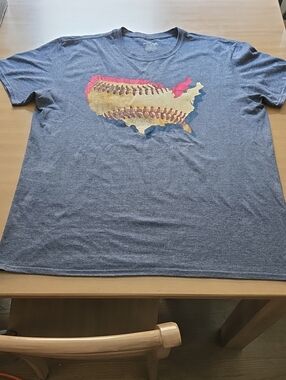 exertek Blue Graphic Tee with Red, Gold, and Navy Print